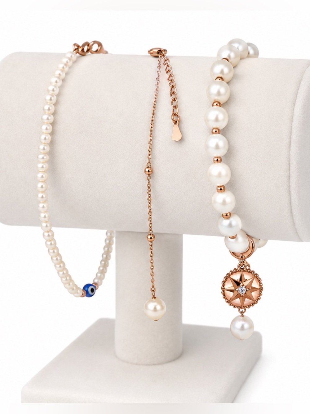 Vintage Rose Gold and White Pearl Bracelet and Anklet Set Trio Set